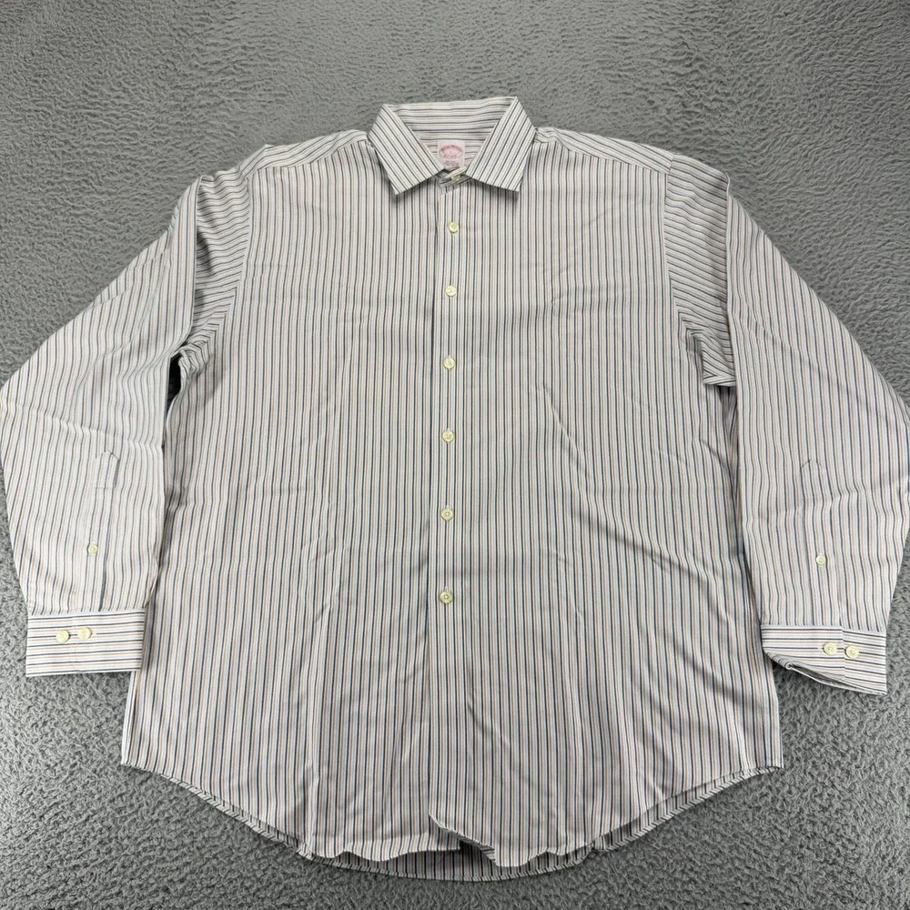 Brooks Brothers Mens Large Blue Tan Stripe Supima Cotton Non Iron Dress Shirt